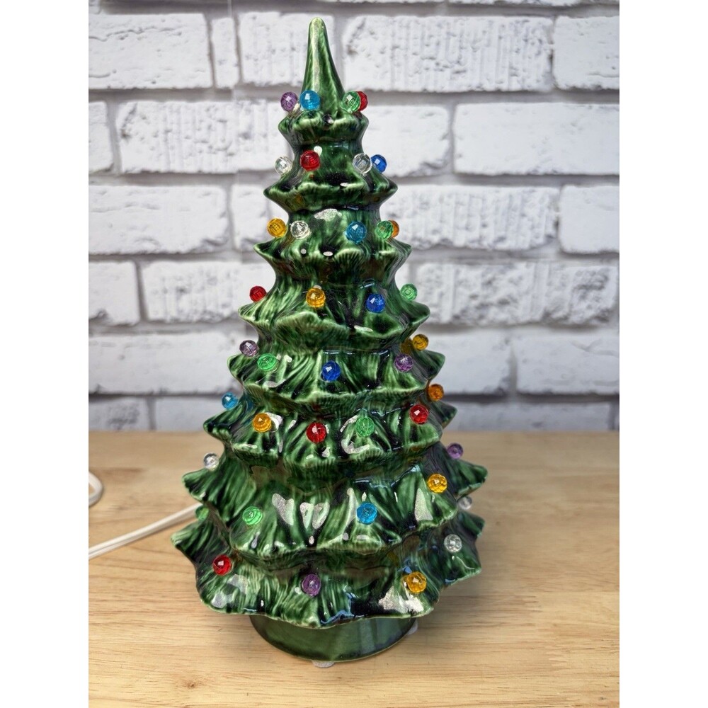 Ceramic Christmas Tree 9.5” Holland? Lighted - Base Attached - Vintage - Mint